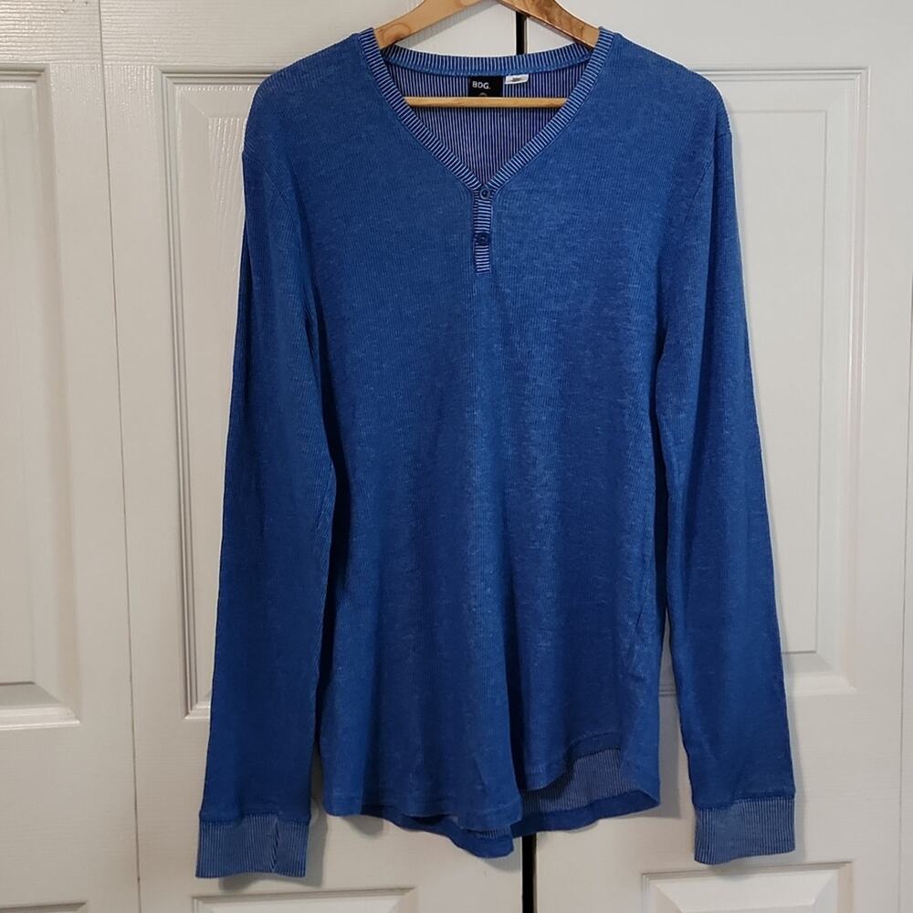 BDG Womens Blue White Striped Long Sleeve Henley Size XL V-neck Gorpcore Thermal